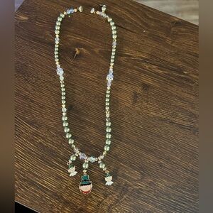 Festive Snowman Gold and Green Beaded Necklace with Charms